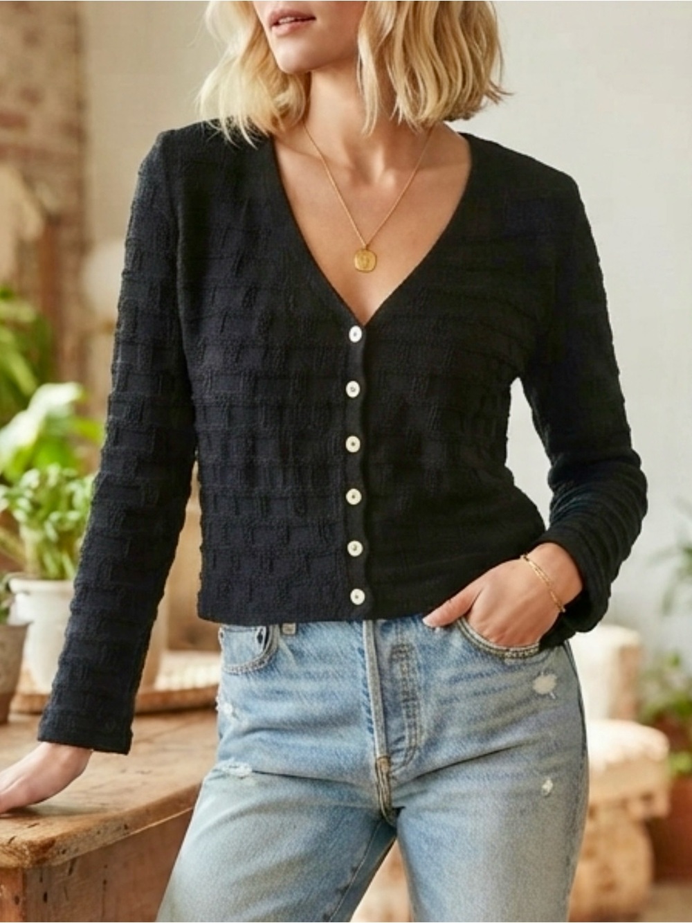 Madewell Basket-Weave Stitch Long-Sleeve Sweater Cardigan Womens Small Black